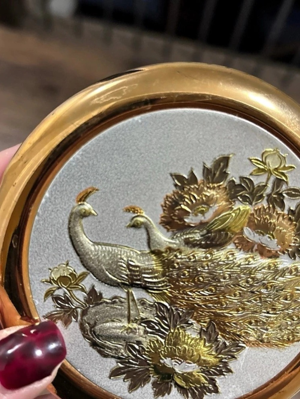 Vintage Japanese Art of Chokin Peacock Metal Enamel Lid Ceramic Round Box 24K